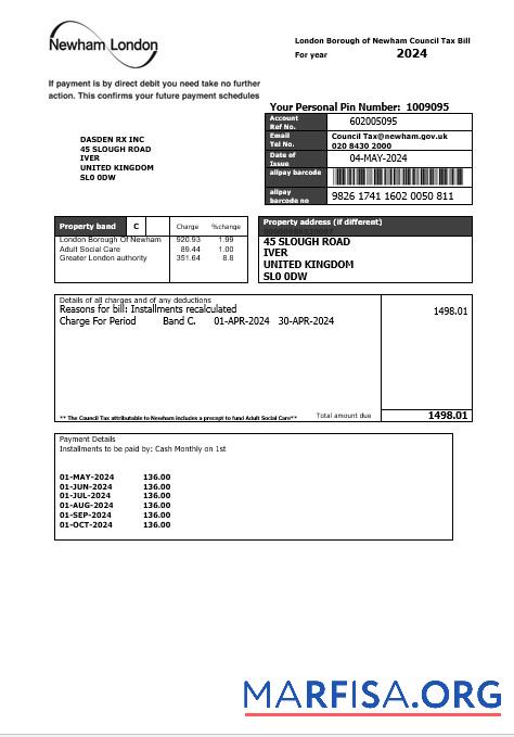 Blank United Kingdom London of Borough of Newham council tax business utility bill template in Word and PDF formats
